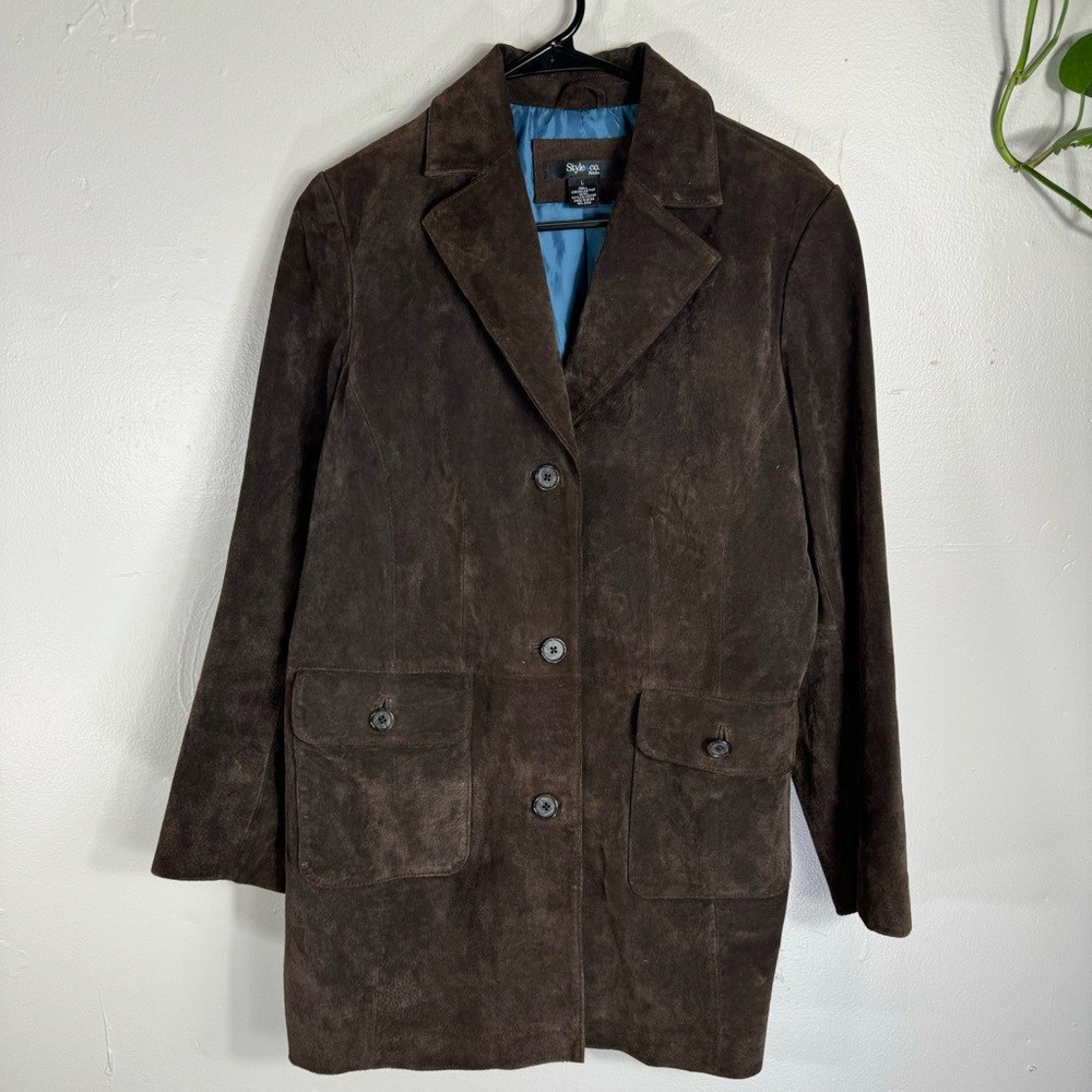 Style &Co Genuine Leather Blazer Jacket dark chocolate brown trench Women Large